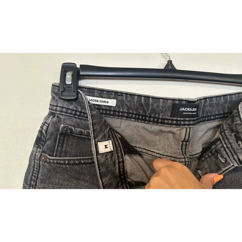 Jack & Jones Men's Loose Chris Distressed Denim Shorts Washed Black Size M